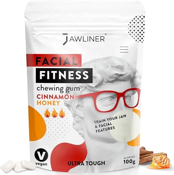 JAWLINER® Jawline Gum - Hard Chewing Gum for Jawline Exercise - 2-Month Pack - Jaw Gum for a Chiseled Jawline, Facial Fitness Chewing Gum, 10 X Stronger Gum (1 count (Pack of 1), Cinnamon Honey) | Extra hard chewing gum for experienced users. 40 pieces for chewing exercise, mewing and masseter training