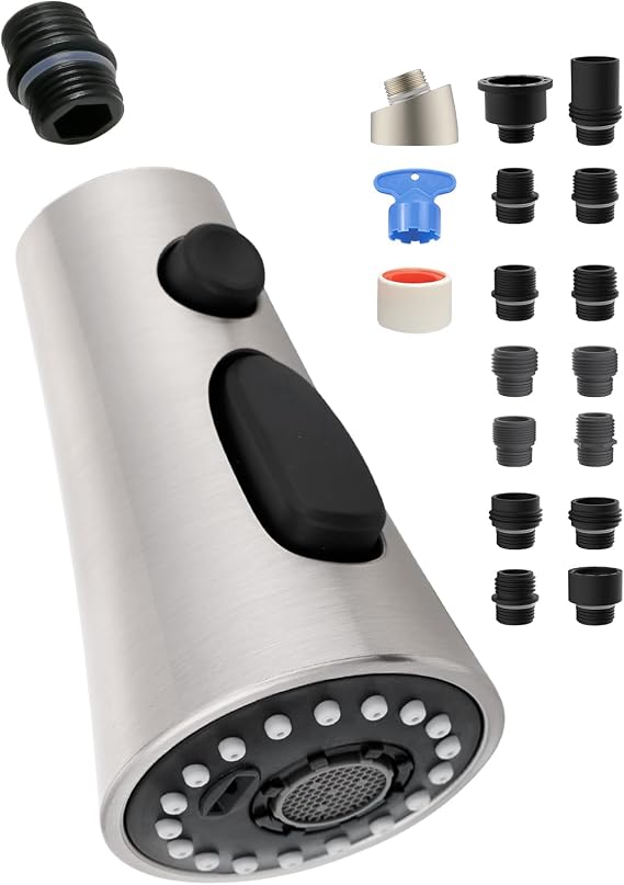 Hygie Rinse Universal Kitchen Faucet Head Replacement with 15 Adapter Kit, 3 Function Pull Down Sink Faucet Spray Head, Brushed Nickel | NSF/ANSI/CAN 372 Certified, Compatible with Kohler/Moen/Delta, 3 Function Pull Down Sink Faucet Spray Head Replacement, G1/2