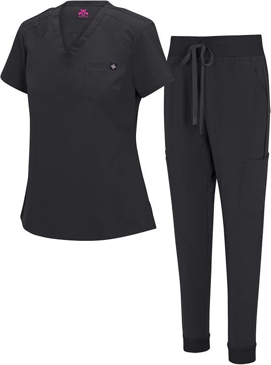 Natural Uniforms Womens Cool Stretch Modern Tuck-In Top Yoga Jogger Scrub Set with Regular and Petite Sizes