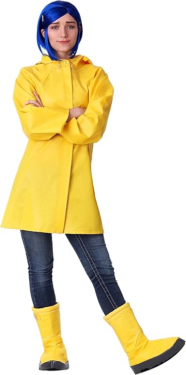 Fun Costumes Adult Coraline Costume | Women's Yellow Hooded Rain Jacket Outfit with Boot Covers, Blue Wig & Dragonfly Pin