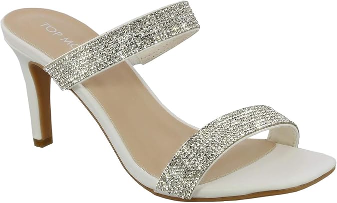 TOP Moda Women's Rhinestone Embellished Double Strap Open Toe Slide Stiletto Heel Mule Sandals