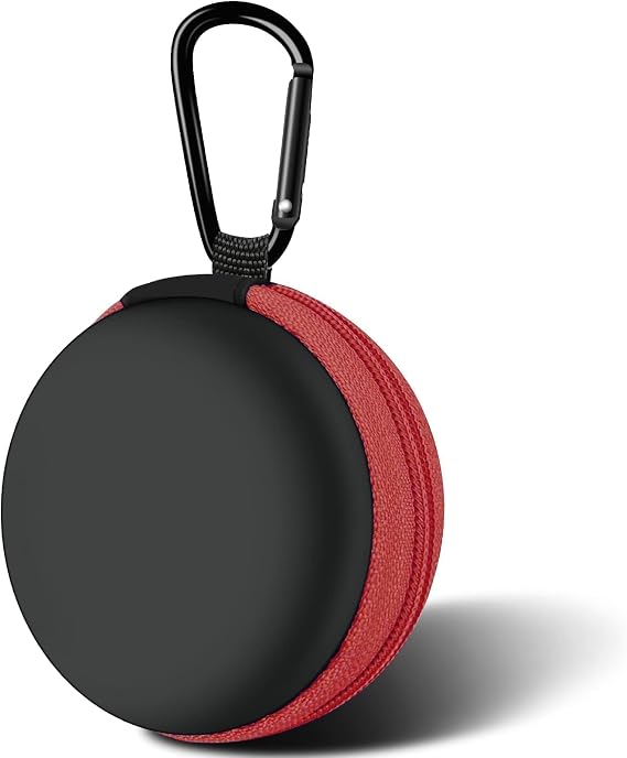 1 Pack Round Earbud Case Storage Bag with Carabiner, Red | Travel kit, EVA earbud case, For Wired/Wireless Earphones, chargers, Tech pouch
