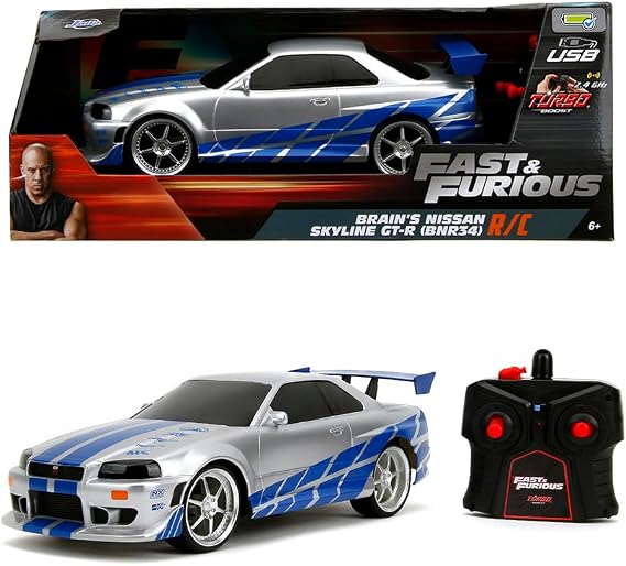 Jada Toys Fast & Furious Brian's Nissan Skyline GT-R (Bnr34)- Ready to Run R/C Radio Control Toy Vehicle, 1: 16 Scale, Silver and Blue, (99370)