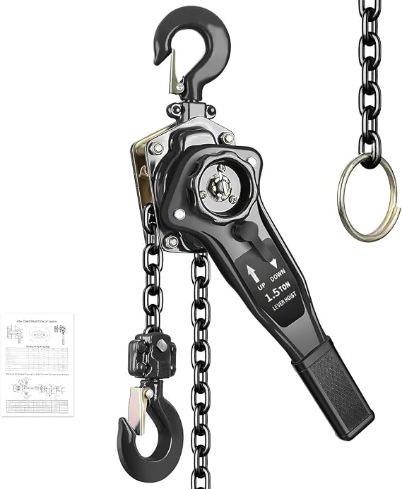 Manual Lever Chain Hoist 1.5 Ton 3300 lbs Capacity 10 FT Come Along, G80 Carbon Steel with Double-Pawl Brake,360 Rotation Hook, for Garage Factory Dock (Lever Chain Hoist 1.5T/3m)