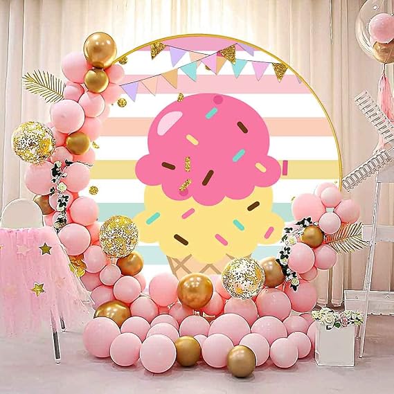 Ice Cream Birthday Round Backdrop Cover, 7.2ft Polyester Colorful Candy Colorful Stripes Circle Backdrop, Chic Circular Girl Birthday Party Banner Decorations Photo Booth Prop YMBXTPH160
