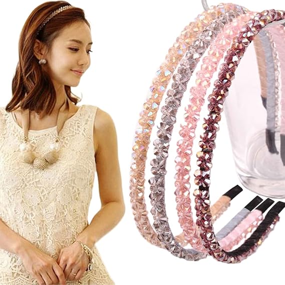 6 Pack Crystal Headbands for Women, Double Row Rhinestone Narrow Hair Hoops Bands, Glitter Bling Wedding Party Hair Accessories, Thin Skinny Headband Set