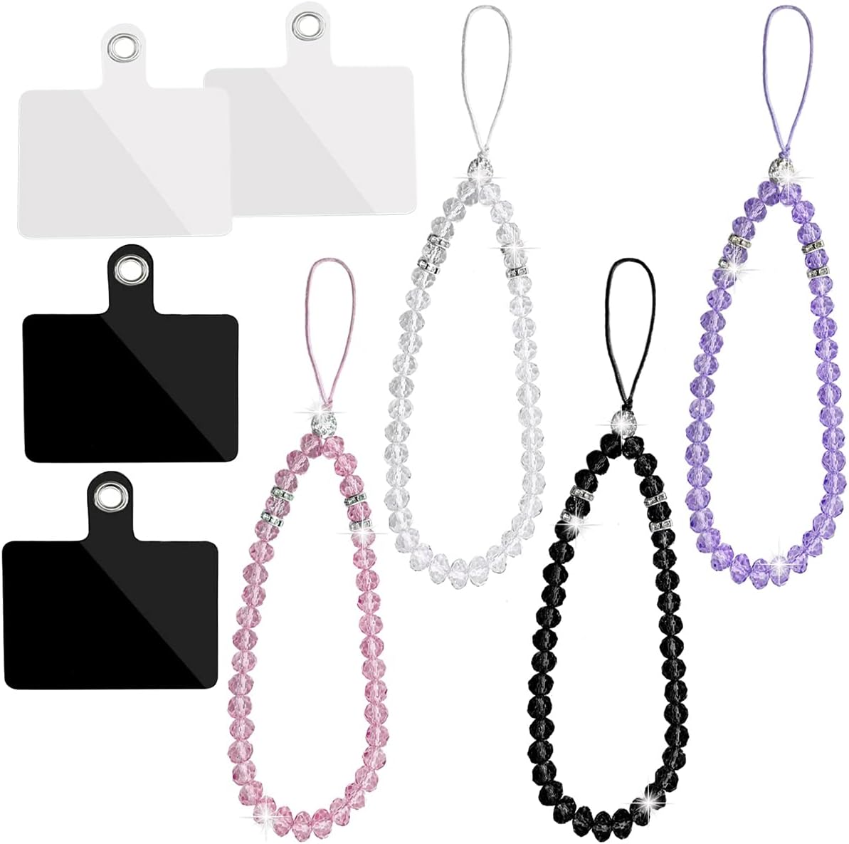 4 Colors Crystal Beads Cell Phone Lanyard Strap  4 Pcs Phone Tether Tab Sticker Pad, Colorful Bling Short Hand Wrist Lanyard Chain Hanging String for Girl Women Mobile Phone Wristlet Camera Purse