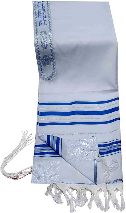 Acrylic Tallit (Imitation Wool) Prayer Shawl Blue and Silver Stripes in Size 47" Long and 68" Wide