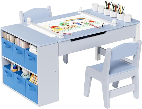 MAMIZO Kids Art Table and Chairs Set, Toddler Craft Desk w/Easel | Sturdy Wood Activity Table w/Large Drawing Tabletop, Paint Cups, Removable Bins, Paper Roll for Home Classroom Daycare