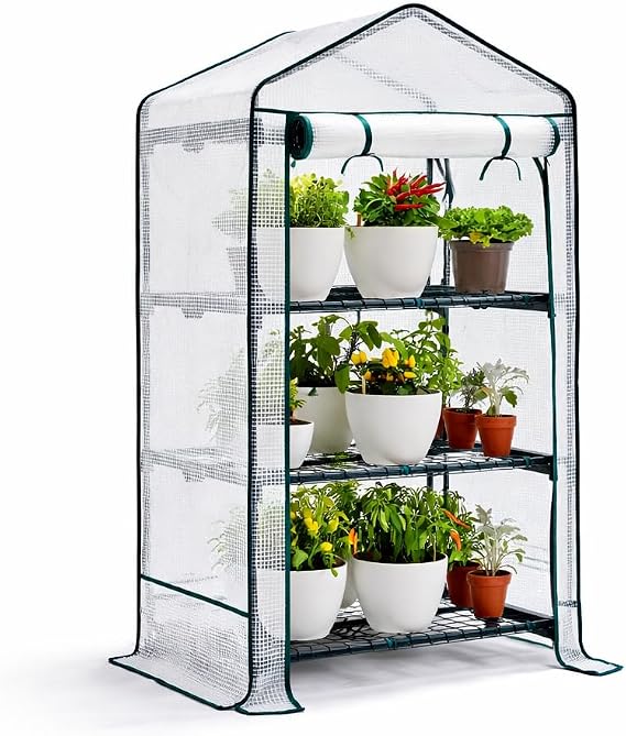 Bramble - 3 Tier Mini Compact Greenhouse, 4ft Tall - Reinforced PVC Cover, Easy No Tool Assembly Steel Frame, for Small Garden Grow House Plants Idea