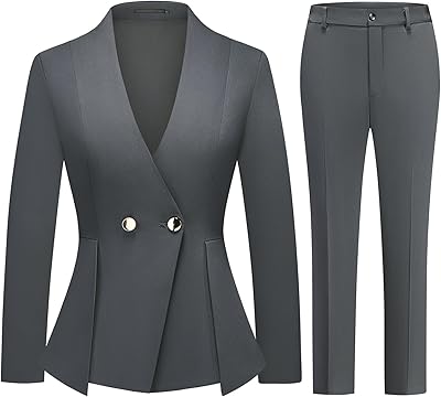 Womens 2 Piece Outfits Two Buttons Business V Neck Blazer Casual Long Sleeve Pants Suits Work Sets