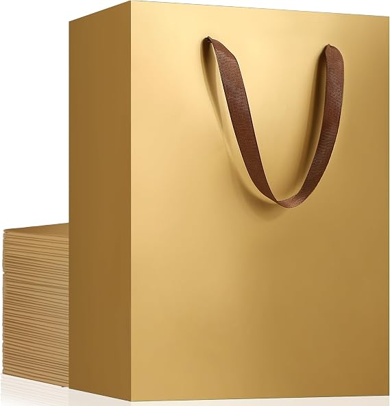 EUSOAR Paper Gift Bags, 25pcs 7.8"x3.9"x11" Gold Gift Wrap Bags with Handles Bulk, Merchandise Grocery Craft Retail Shopping Wedding Birthday Holiday Welcome Party Favor Thank You Gift Paper Bags