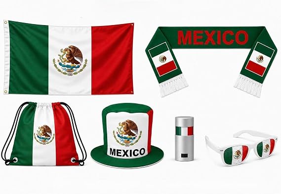 Mexico World Cup Soccer Fan Kit 6 Items: Flag, Scarf, Hat, Bag, Glasses, Coloring