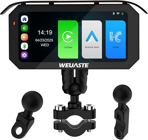 6.25" Motorcycle CarPlay Screen, Android Auto, Motorcycle GPS Navigation System, HD IPS Touchscreen Display, Bluetooth, Voice Control, IP67 Waterproof, Universal Metal Mount for Motorcycles