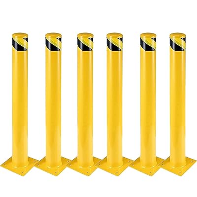 Safety Bollard, Towallmark 6 Packs 48 Inch Height Bollard Post, 4.5 Inch Diameter, Yellow Safety Steel Bollard Post, with 24 Anchor Bolts, for Traffic Control, Driveway Barrier, Parking Pole