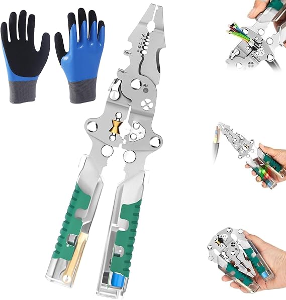 Electrical Pliers,Folding Stylus Screwdriver Wire Stripper,with Voltage Tester,Non-Slip Grip,Multi-Function,Ergonomic,for Cutting,Pulling,Crimping Wires Cable,with Electrician Gloves