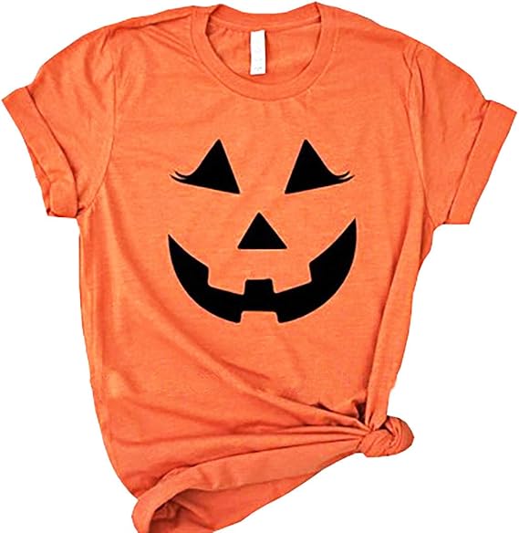 Halloween Pumpkin Face Graphic T-Shirt Womens Short Sleeve O-Neck Casual Tops Tees Shirt