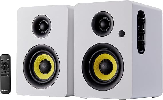 Sanyun SW206 80W 2.0 Active Bookshelf Speakers, Dual-Mode Creator & Music | 4" Carbon Fiber + 25mm Silk Dome, 24bit DAC, 6.35mm TRS Balanced + (Optical/Coaxial/AUX/USB/BT) Inputs, MDF, (Pair, White)