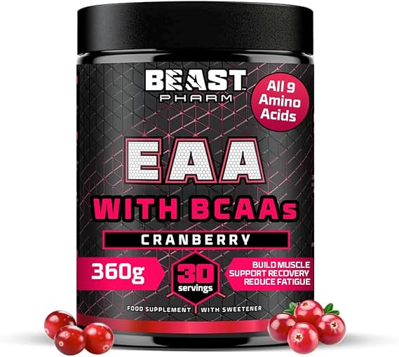 Beast Pharm 9 EAA Amino Acids with BCAA Powder 2:1:1 Ratio - Essential Amino Acids Powder - 360g - EAAs Recovery Drink - 30 Servings - Cranberry