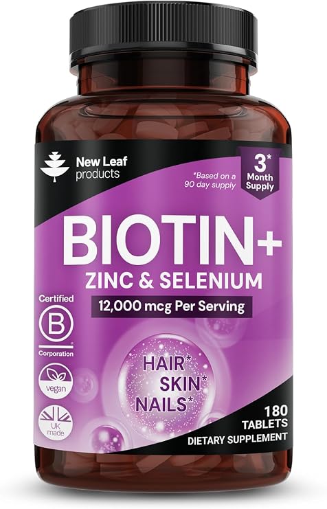 Biotin Hair Skin and Nails Vitamins 12000mcg High Strength - Promotes Healthy Hair Skin & Nails - Biotin Vitamins for Women & Men Vegan, 3 Month Supply, 180 Tablets - Made in The UK by New Leaf