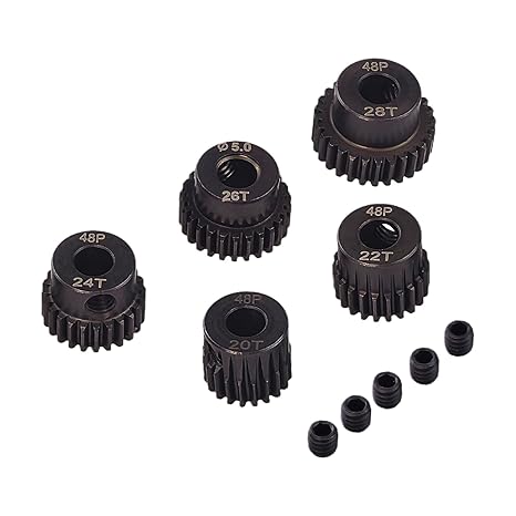 Flylin 5-Piece 48DP Pinion Gear Set, RC Motor Gears for Climbing Cars | 20T, 22T, 24T, 26T, 28T, Hardened Steel with 5mm Hole, Suitable for 1/10 RC Brushless Motors
