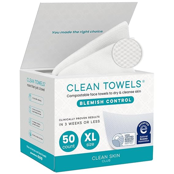 CLEAN SKIN CLUB Blemish Control Clean Towels XL, Extra Exfoliation for Oily Skin, Disposable, Single-Use Face Towelette Dry Wipe - 1 Pack (50 Count)