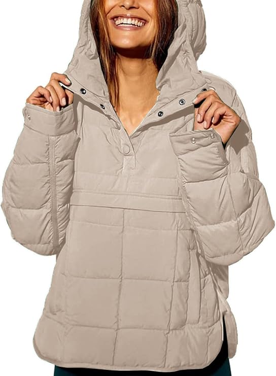 Women's Lightweight Down Coat Long Sleeve Button Quilted Pullover Puffer Jacket Packable Hooded Oversized Winter Coat(Beige,X-Large)
