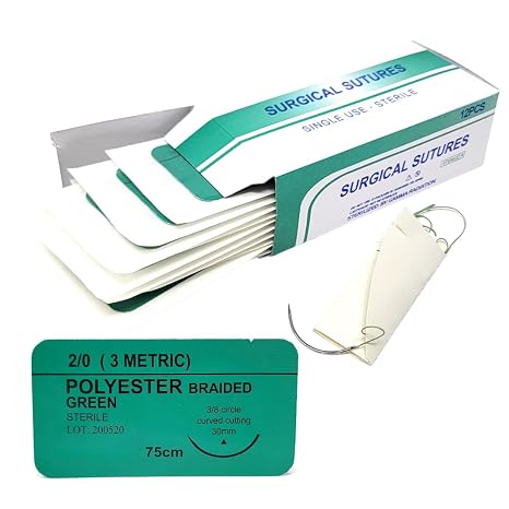 IMEDS Training Sutures 2/0 Polyester, Box of 12 Pcs Suture Thread with Needle, Demo Teaching Set