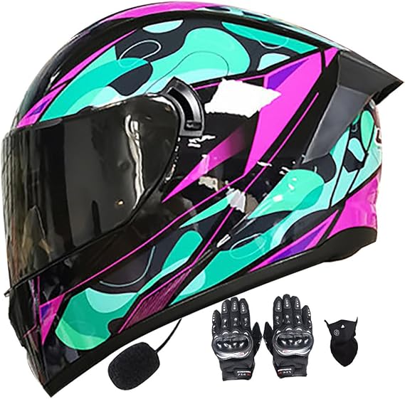 Bluetooth Integrated Modular Flip Up Motorcycle Helmet Predator Full Face Motorbike Helmets ECE Approved Built in MP3 Radio Moped Gloves Mask Crash Helmet 55~62cm