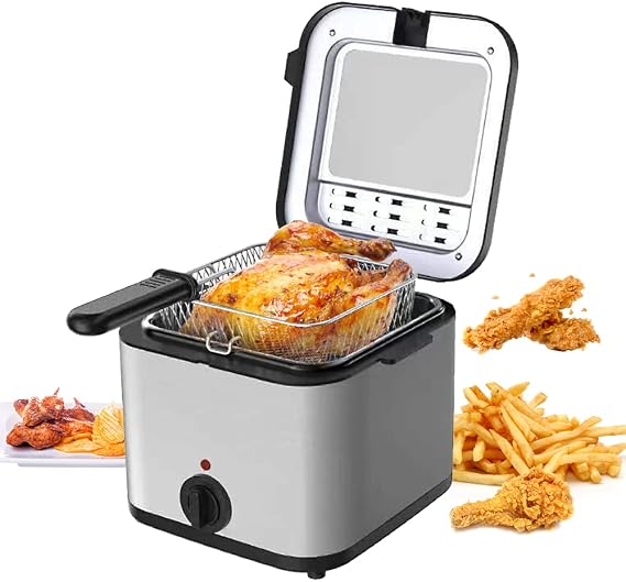 Stainless Steel Deep Fryer with Basket, 2.5 Liter Oil / 1000 Watts / Temperature Control / Non-Stick / Dishwasher Safe Parts - Stainless Steel