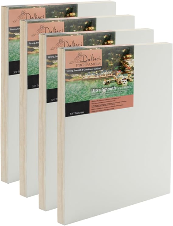 Da Vinci Pro Ultra Smooth Wood Canvas Gesso Board - 3/4" Deep, 18x18 Pack of 4 Single White Acrylic Polymer Gesso Panels for Painting Fine Portraits and Ultra Fine Detail Illustrations and Artwork