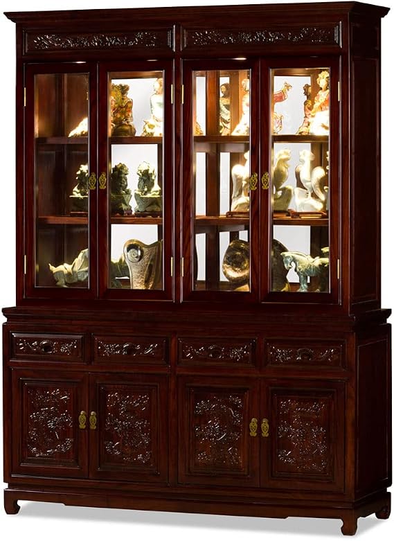 Dark Cherry Elmwood Dragon Oriental China Cabinet