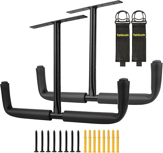2 Set Overhead Garage Storage Rack, Heavy Duty Overhead Storage Double Hook, Ceiling Mount Hanger Safe Utility Hooks, Hanging for Lumber Ladder Brackets & Other Bulky Items (Pack of 2 - Black)