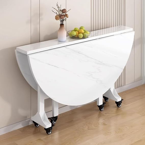 Folding Dining Table, Drop-Leaf Dining Table, Space Saving Drop Leaf Tables, Extendable Round Rolling Table on 6 Wheels, for Breakfast bar or Coffee Table,Small Spaces(White,100cm)