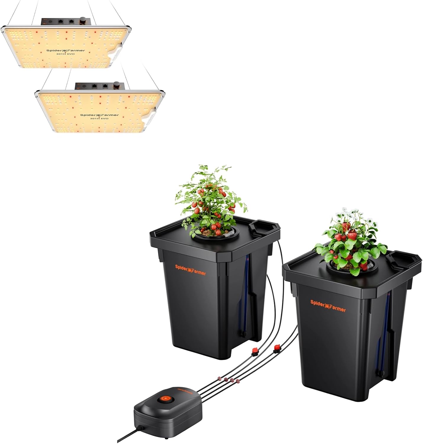 Spider Farmer DWC Hydroponics Grow System 2 Buckets and 2-Pack SF1000, Samsung LM301H EVO Led Grow Light