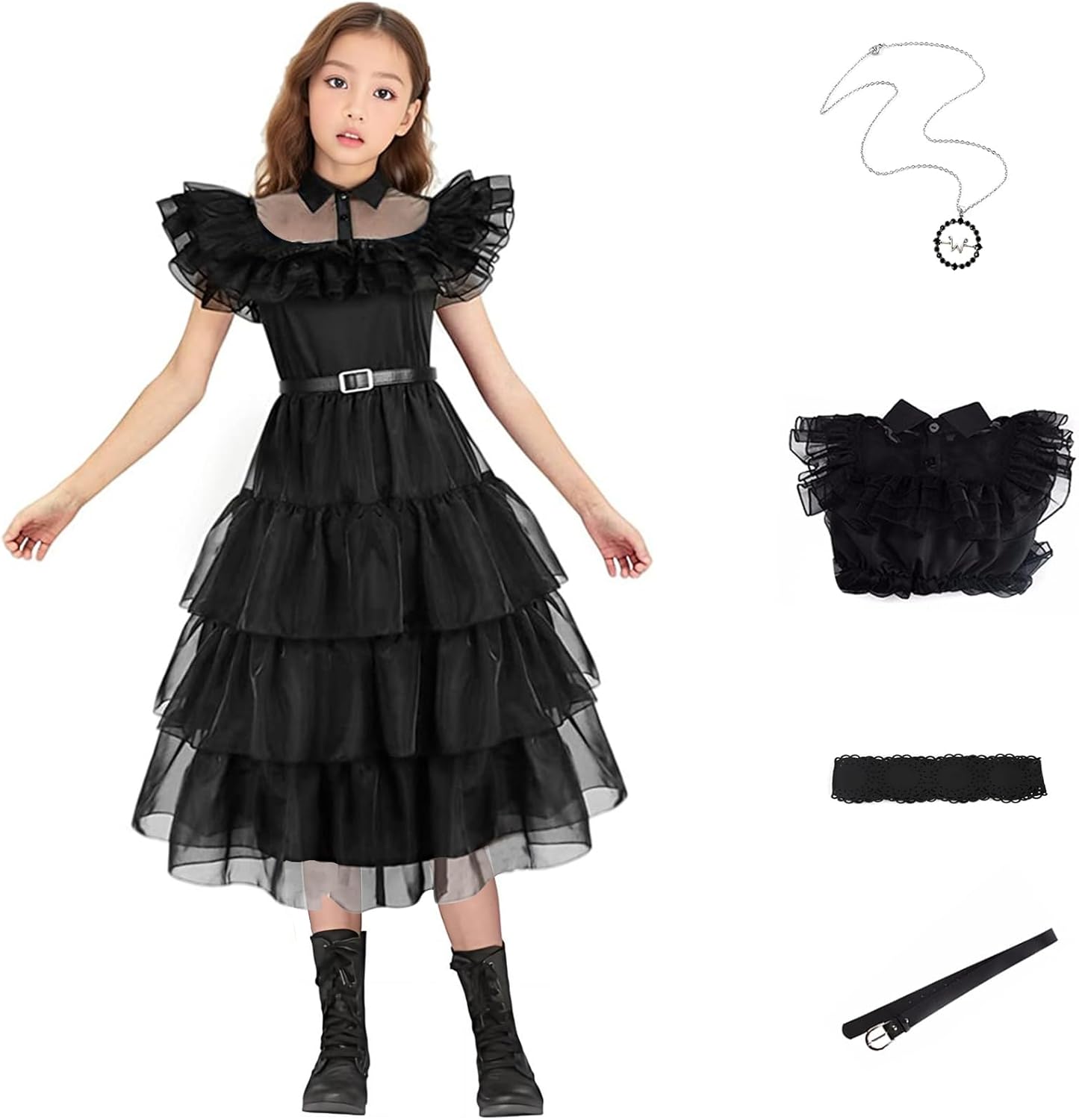 Women Vintage Goth Black Dress Costume Gothic Cosplay Girl Dance Tulle Lace Skirt Halloween Party Outfit with Necklace