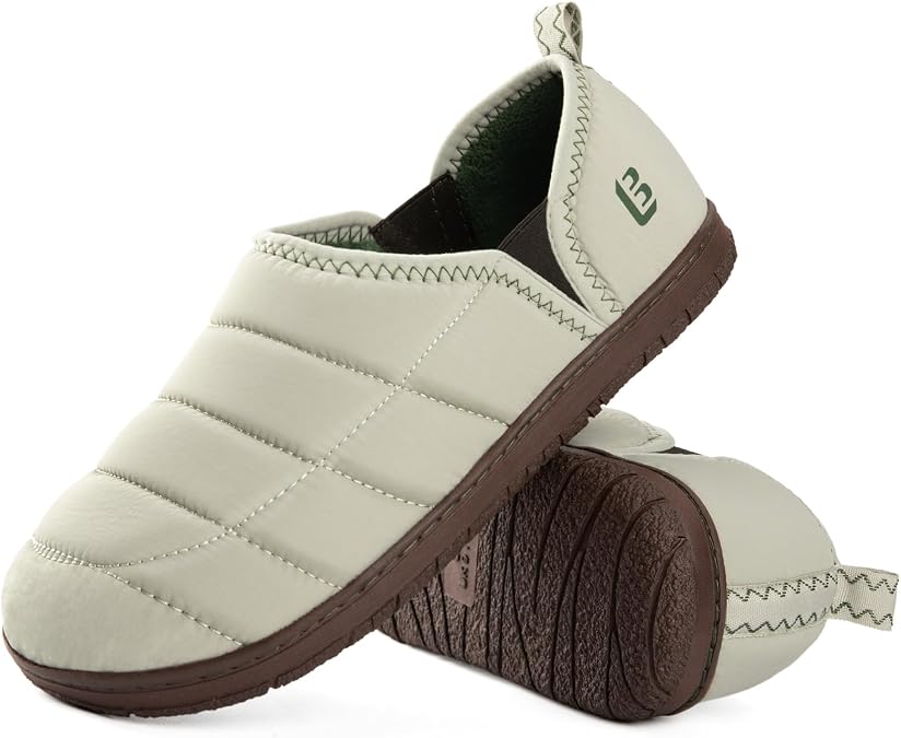 LongBay Men's Outdoor Slippers Two Tone Indoor Bedroom House Shoes Gifts | Nylon Upper, Memory Foam Insole, Coral Fleece Lining, Slip On, Lightweight and Packable, Camping Garden, All-Season Wear