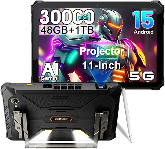 Blackview Active 12 PRO 5G Rugged Tablet with Projector(48GB+1TB, 11'' Display 30000mAh IP68 Outdoor Tablets,108MP+50MP Camera,Camping Light/WiFi 6E/BT 5.4/GPS