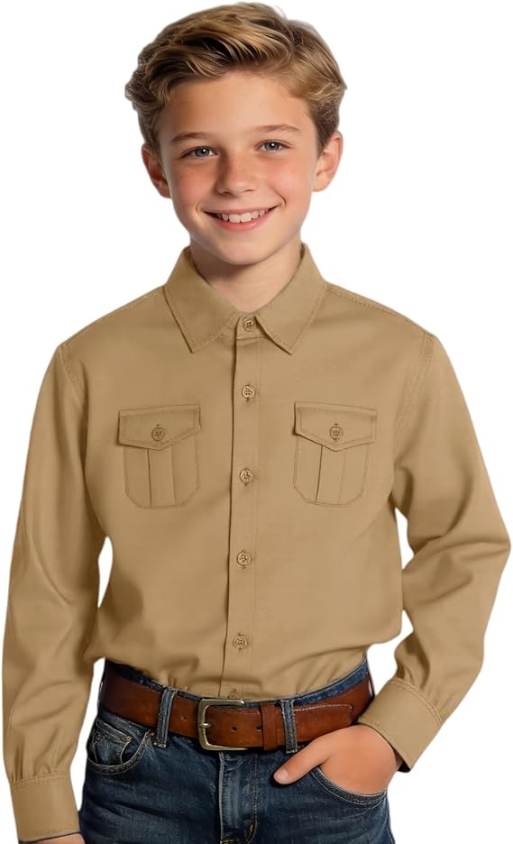 Boys Western Shirt for Kids Long Sleeve Button-Down Cowboy Shirt with Two Pockets, Size 2T-18 Years