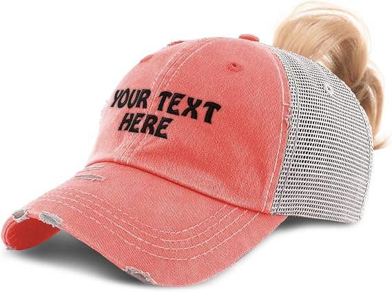 Womens Ponytail Cap Custom Hat Personalized Text & Name Distressed Moms Trucker Hats