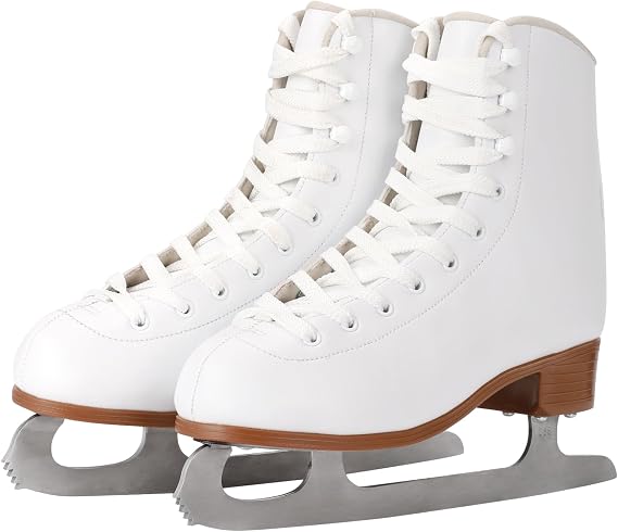 Figure Ice Skates for Beginners - White Comfortable Leather Ice Skates for Women, Men, Boys & Girls (Size Up 1 Size) (White, Womens Size-8/Mens Size 6.5)
