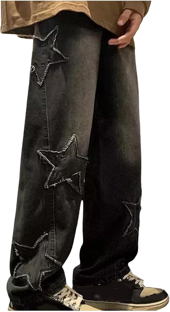Men's Star Jeans Y2k Stylish Denim Trousers Hip Hop Loose Fit Streetwear Straight Leg Comfort Jeans with Pockets Casual Bootcut Denim Pants Men