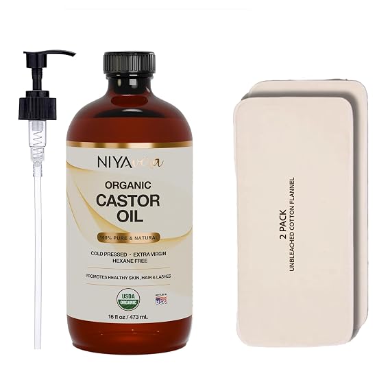 16oz Pure Castor Oil Organic Cold Pressed Glass Bottle with Pump and 2 Cotton Flannels Unrefined, Hexane Free, Natural, USDA Certified, Golden Castor oil for Skin, Hair, Lashes, Nails & More
