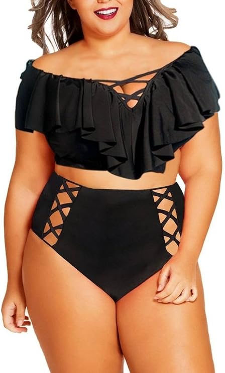 Lukitty Plus Size Off The Shoulder Ruffles High Waist Bikini Sets Swimsuit