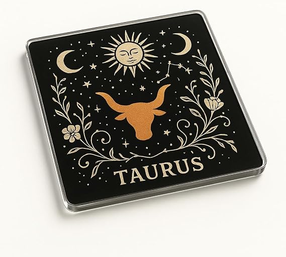 Mystical Acrylic Coaster Gift - Boho Celestial Taurus Design with Zodiac Symbols and Constellations