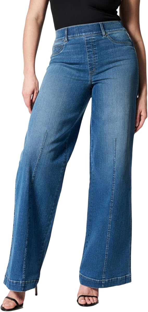 Wide Leg Jeans for Women Trendy Stretch Straight Leg Elastic High Waisted Denim Pants Baggy Pull On Jeans for Women
