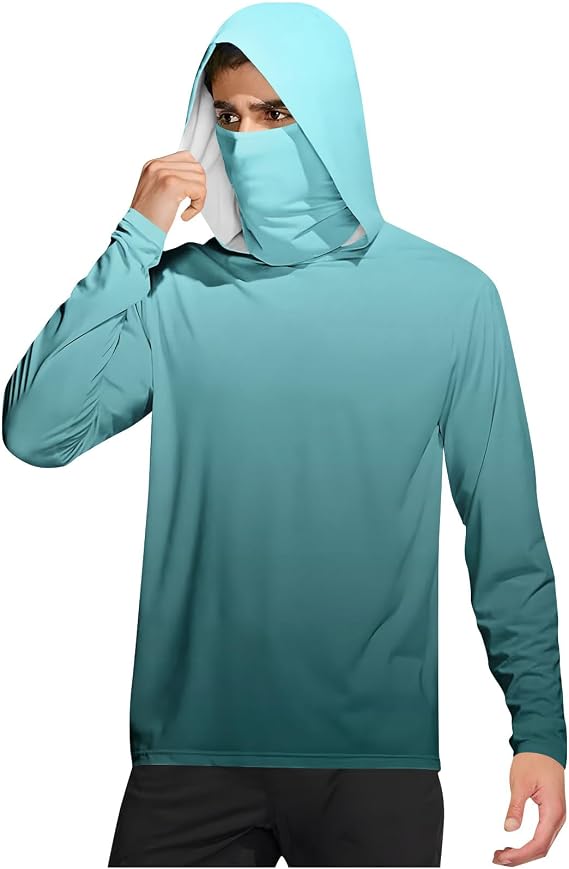 Men's Sun Protection Hoodie Face Mask UV SPF Long Sleeve Hooded Sun Shirt UPF 50 Rash Guard Hiking Swimming Running