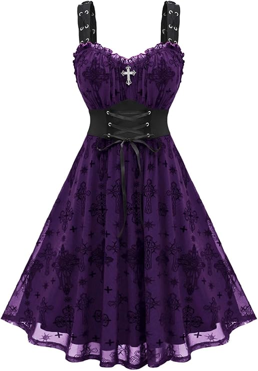 Rosegal Plus Size Women Gothic Vintage Mesh Overlay Dress | Vintage dress, Goth Midi Dress, Sleeveless Dress, Lace Panel A Line Dress, Gothic Dress For Women