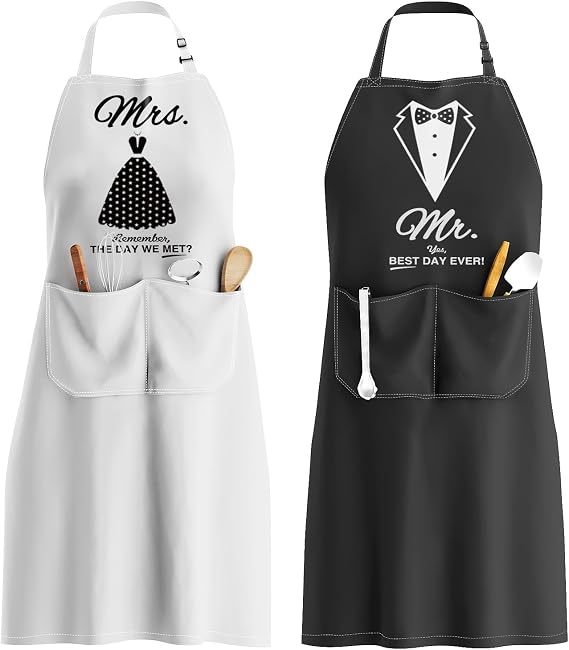 Mr & Mrs Apron Set - Matching Couples Kitchen Aprons with Deep Pockets & Reinforced Stitching - Waterproof Professional Cooking Gear for Wedding, Engagement, Bridal Shower, Valentines, Christmas