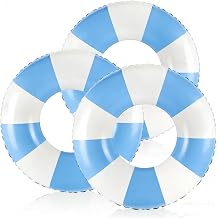 Classic Striped Pool Floats with Handle Inflatable Blue & White Stripes Tubes for Floating Large Swim Rings for Adult Summer Holiday Beach Bachelorette Party
